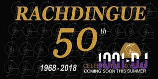 Affiche colorée annonçant le 50e anniversaire du Rachdingue avec une liste d'artistes et la date du 28 juillet.