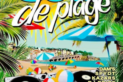 Façade illuminée d'une église avec des projections colorées et des informations sur un événement musical à Collioure.