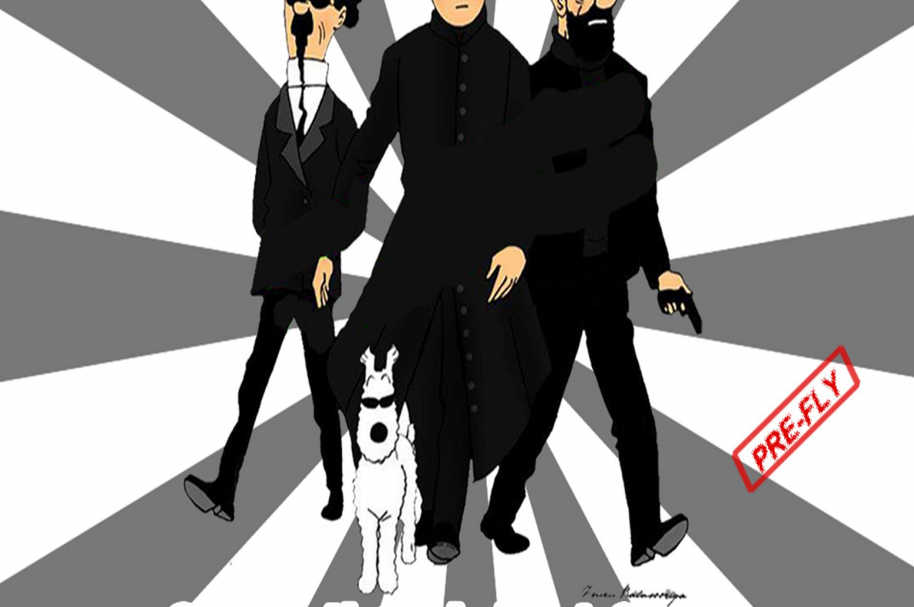 Affiche d'un événement musical avec trois personnages stylisés, un chien et des détails sur la date, le lieu et le programme.