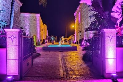 Cour pavée éclairée en violet, entourée de bâtiments en pierre, avec une piscine centrale et des plantes tropicales.