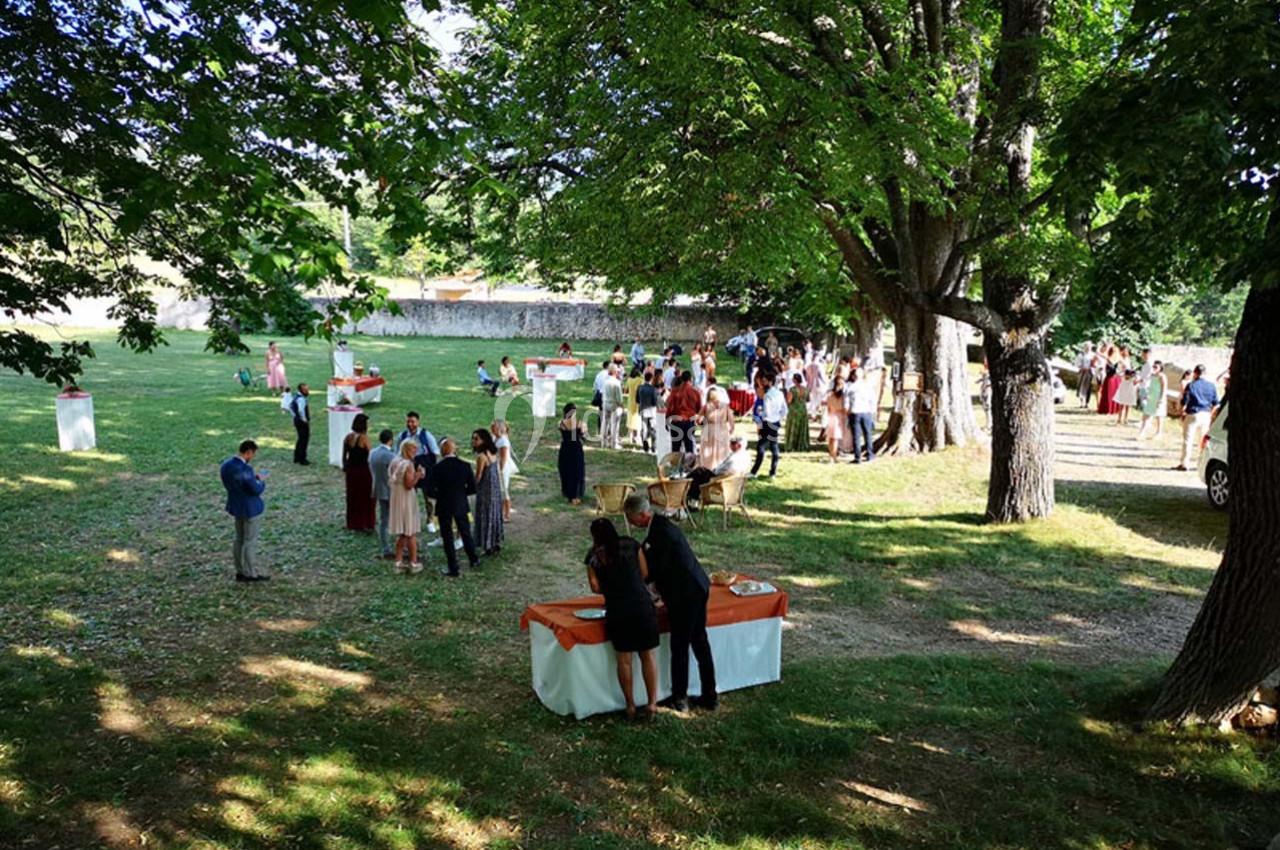 Groupe de personnes rassemblées dans un parc ombragé, près de tables décorées, lors d'un événement en plein air.