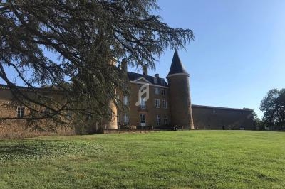 Château en pierre avec une tour ronde, entouré d'une pelouse et d'arbres, sous un ciel dégagé.