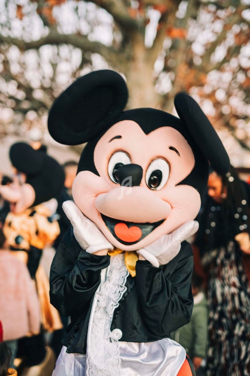Personnage costumé avec de grandes oreilles noires et un sourire, posant devant un arbre et une foule floue en arrière-plan.
