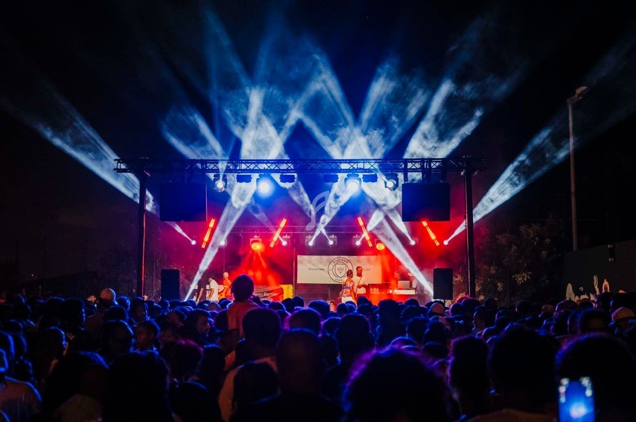 Foule rassemblée devant une scène illuminée par des projecteurs colorés lors d'un concert en plein air nocturne.