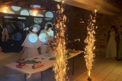 Scène décorée avec guirlandes lumineuses, plantes et une table de DJ éclairée en bleu et blanc.