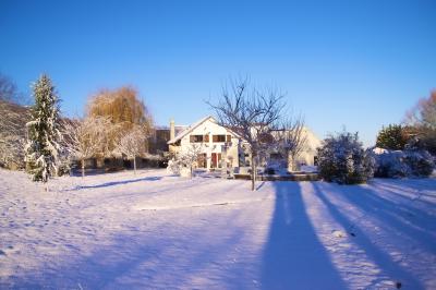 Paysage hivernal avec jardin enneigé, arbres dénudés et soleil bas illuminant la scène.