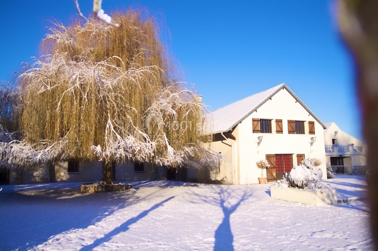 Maison avec façade blanche et toit enneigé, entourée d'un grand saule givré et d'un sol recouvert de neige.