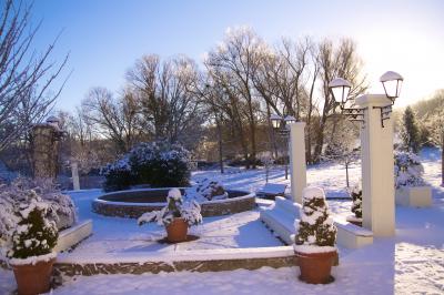 Paysage hivernal avec jardin enneigé, arbres dénudés et soleil bas illuminant la scène.
