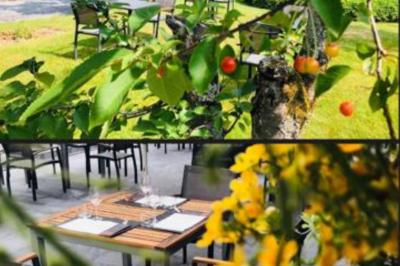 Terrasse extérieure d'un restaurant avec des tables et chaises sur un sol en pierre, entourée de verdure et arbres.