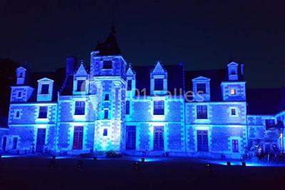 Miniature Location salle Vouvray (Indre-et-Loire) - Château de Jallanges #22 Façade d'un château illuminée par des lumières colorées rose et violette lors d'un événement nocturne.