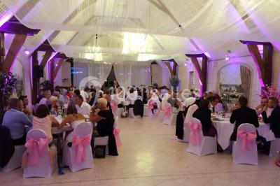 Miniature Location salle Vouvray (Indre-et-Loire) - Château de Jallanges #8 Façade d'un château illuminée par des lumières colorées rose et violette lors d'un événement nocturne.