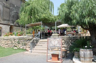 Groupe de personnes rassemblées dans une cour extérieure verdoyante devant un bâtiment en pierre avec des volets bleus.