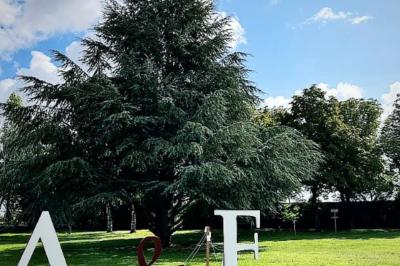Salle de réception décorée avec des tables dressées, des guirlandes lumineuses et des arrangements floraux.