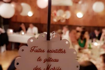 Une étincelle avec un message ’Faites scintiller le gâteau des mariés et faites un vœu !’ dans une salle décorée.