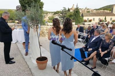 Deux femmes en robes bleues assistent à une cérémonie en extérieur, entourées d'invités assis et d'un officiant.