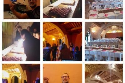 Montage photo d'une fête dans une salle voûtée avec invités, gâteau d'anniversaire, musique et décor rustique.