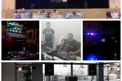 Montage d'images montrant des équipements de DJ, une salle décorée pour un événement et des jeux de lumière.