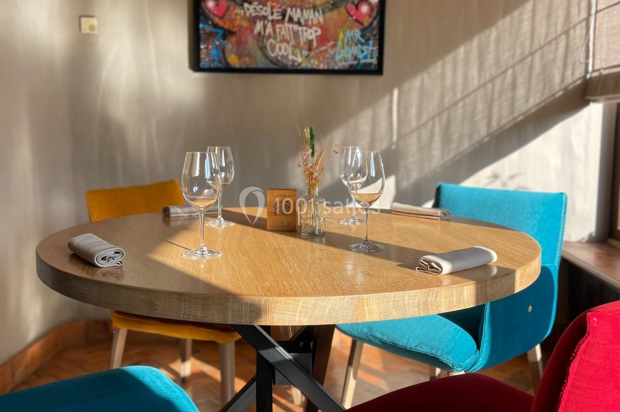Table ronde dressée avec des verres et serviettes, entourée de chaises colorées, dans une salle lumineuse avec un tableau au…