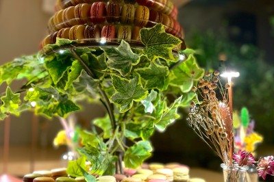 Table dressée avec des verres, couverts et serviettes, entourée de chaises colorées dans une salle lumineuse avec…