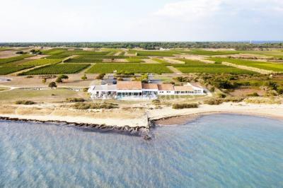Vue aérienne d'un bâtiment en bord de mer entouré de champs et de vignobles sous un ciel dégagé.