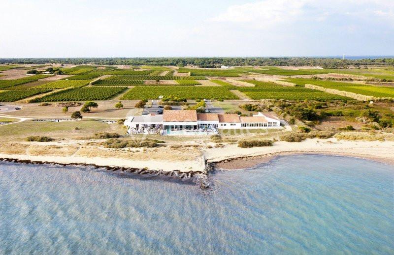 Vue aérienne d'un bâtiment en bord de mer entouré de champs et de vignobles sous un ciel dégagé.