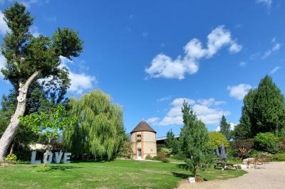 Jardin avec bancs, tables en bois et un pigeonnier en arrière-plan sous un ciel nuageux.