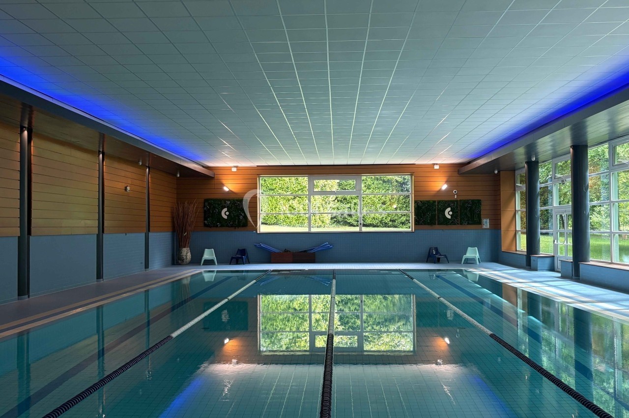 Piscine intérieure avec lignes de nage, éclairage tamisé et grandes fenêtres donnant sur un espace vert.