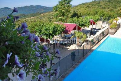 Vue aérienne d'un complexe avec piscine, toboggan aquatique, mini-golf et espaces ombragés entourés de végétation.