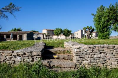 Montagne rocheuse éclairée par une lumière douce, entourée de collines boisées et d'arbres au premier plan.
