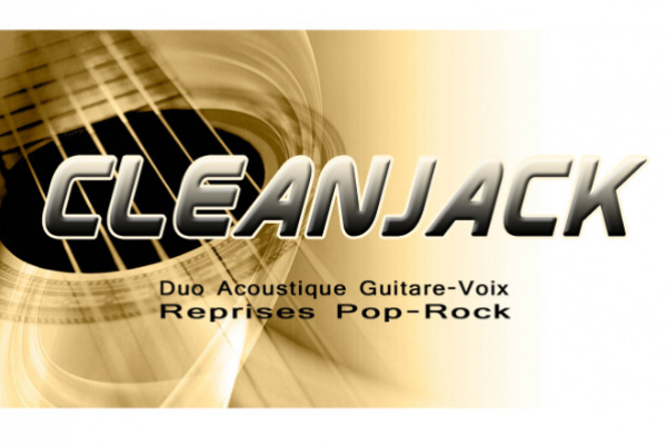 Texte ’CLEANJACK’ avec mention ’Duo Acoustique Guitare-Voix, Reprises Pop-Rock’ sur fond graphique avec guitare.