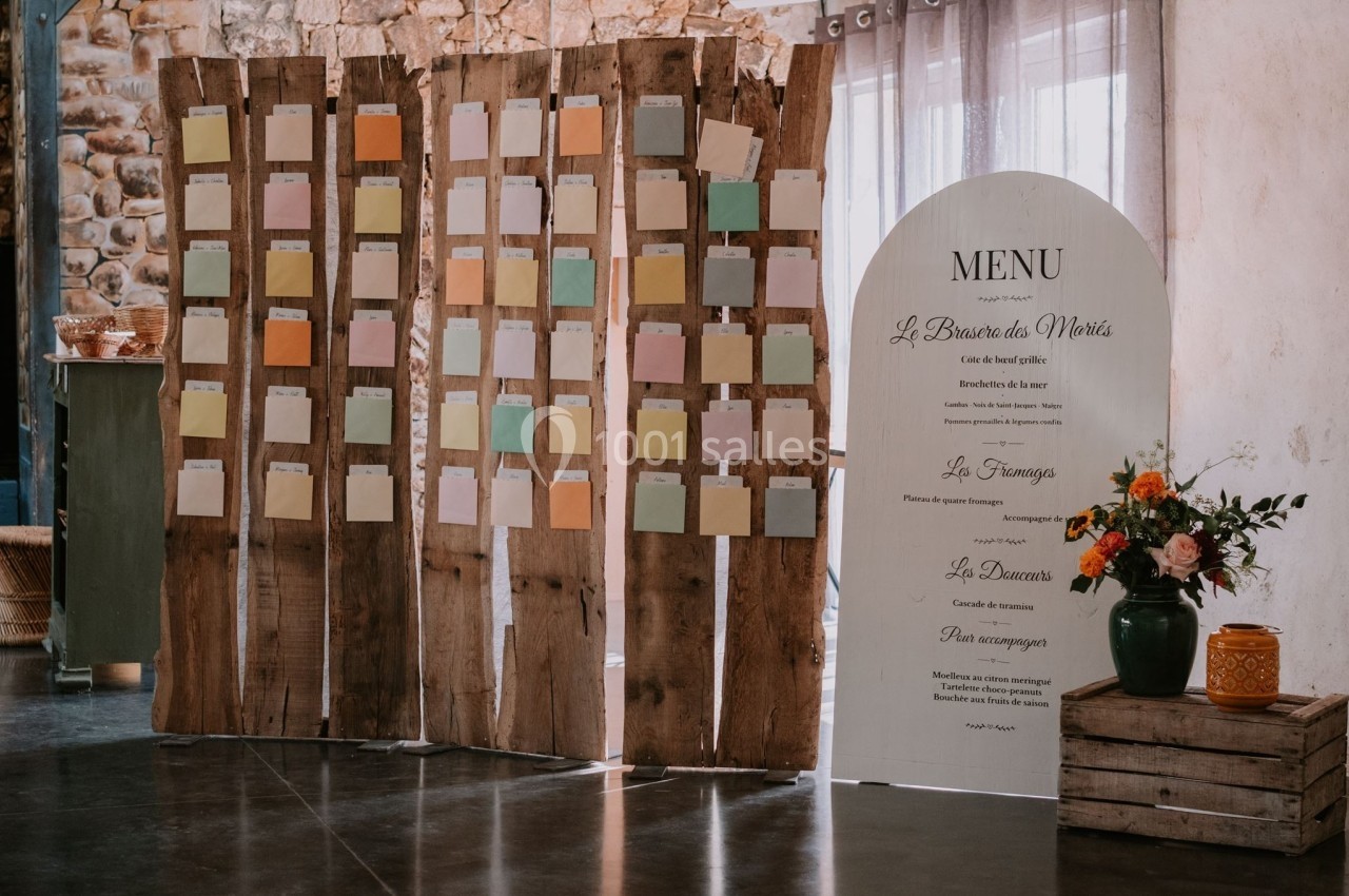 Panneau de plan de table avec cartes colorées sur des planches en bois, à côté d'un menu et d'une décoration florale.