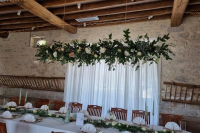 Chaises blanches disposées en rangées sur une pelouse, face à une petite scène décorée pour un événement en plein air.