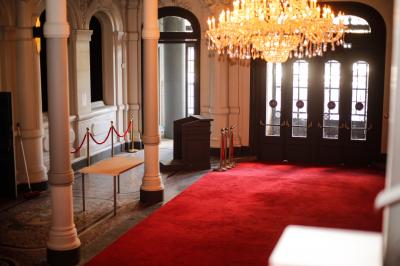 Branches d'arbre avec des feuilles vertes devant une façade en pierre ornée de grandes fenêtres.