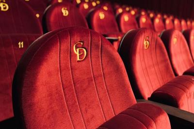 Branches d'arbre avec des feuilles vertes devant une façade en pierre ornée de grandes fenêtres.