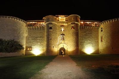 Façade d'un château en pierre éclairé la nuit, avec une pelouse au premier plan et un chemin menant à l'entrée.