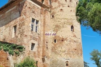 Tour en pierre ancienne avec des murs partiellement érodés, entourée de végétation et sous un ciel bleu.