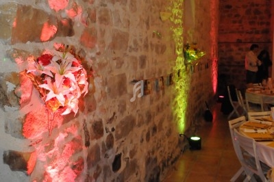 Mur en pierre éclairé par des lumières colorées, décoré de fleurs et photos, dans une salle avec tables dressées.