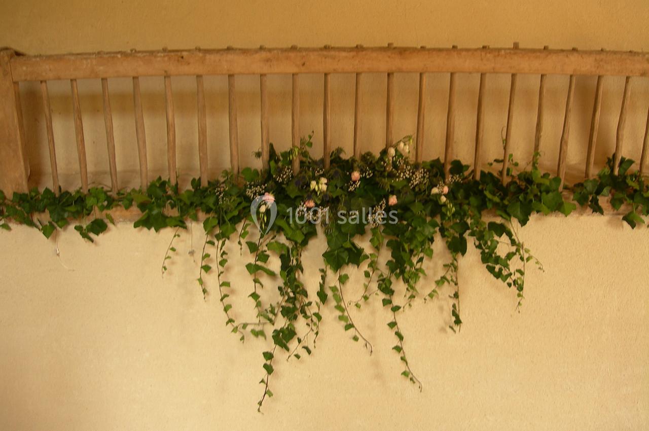 Plantes grimpantes et feuillages verts suspendus à une balustrade en bois contre un mur beige.