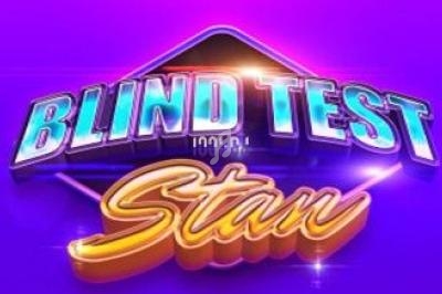 Texte alternatif : Logo coloré avec les mots ’Blind Test Stan’ sur fond violet lumineux.