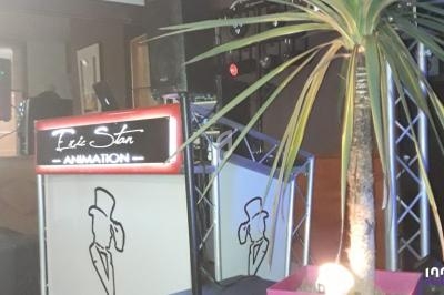 Console de DJ éclairée avec le texte ’Éric Stan Animation’, devant une plante et des équipements de sonorisation.