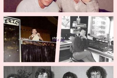 Quatre photos montrant des hommes dans divers contextes : salon, cabine de DJ, studio radio et photo de groupe.