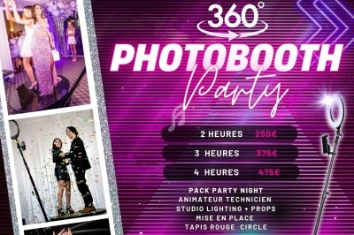 Photobooth 360° avec éclairage studio, accessoires, tapis rouge et animation, tarifs pour 2 à 4 heures affichés.