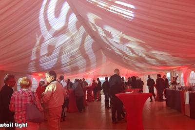 Des personnes dansent dans une salle sombre éclairée par des faisceaux lumineux colorés et des effets laser.