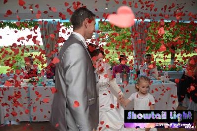 Un couple de mariés danse entouré de confettis en forme de cœurs, accompagné d'une petite fille.