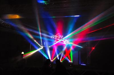 Jeux de lumières colorées projetés dans une salle sombre, avec des silhouettes de personnes au premier plan.