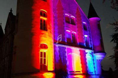 Façade d'un château illuminée par des projecteurs aux couleurs vives, rouge, bleu et violet, en soirée.