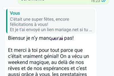 Capture d'écran d'une conversation WhatsApp où des messages échangés évoquent une fête et des remerciements.