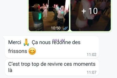 Conversation WhatsApp montrant des photos d'une soirée avec des lumières colorées et des personnes dansant.