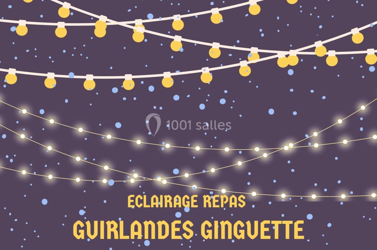 Guirlandes lumineuses suspendues avec des ampoules rondes jaunes et blanches sur fond violet étoilé.