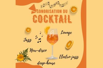 Illustration d'un verre de cocktail avec des tranches d'orange, entouré de styles musicaux et d'éléments décoratifs.